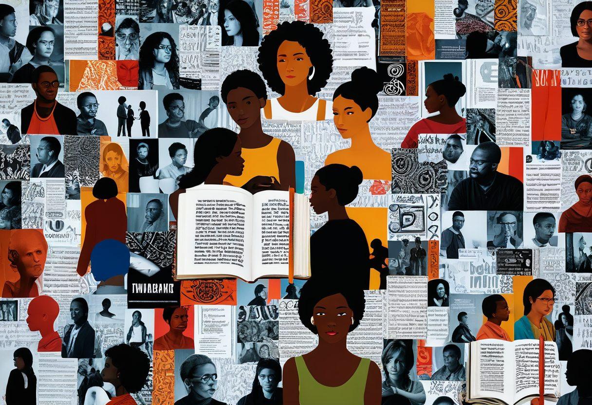 A thought-provoking collage of diverse individuals engaging with mature adult content in a respectful and empowering manner. Include symbols of culture, such as books and art, reflecting on its societal impact. Use warm, inviting colors to create a sense of familiarity and conversation. Incorporate elements of digital culture, like social media icons subtly in the background. vibrant colors. modern art.
